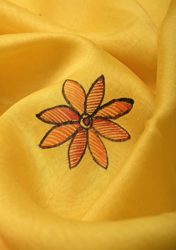Yellow Chanderi Silk Saree with Madhubani Handpainted and Minimal Zari Border
