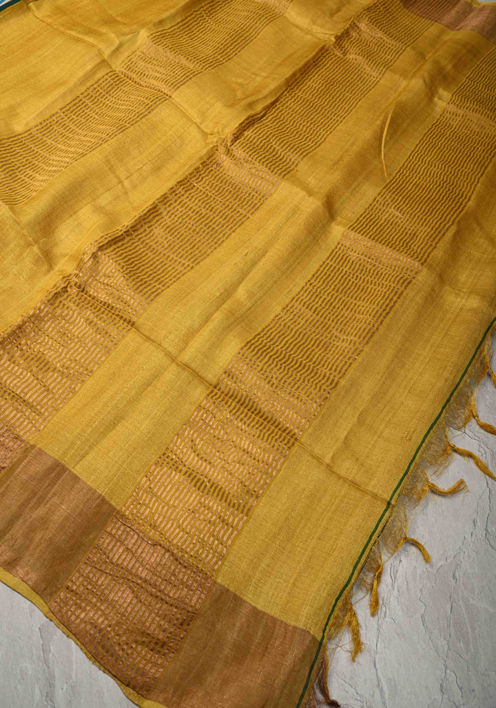 Beige-Blue Jari Tussar Silk Saree with Handblock Stripes and Zari Border | SILK MARK CERTIFIED