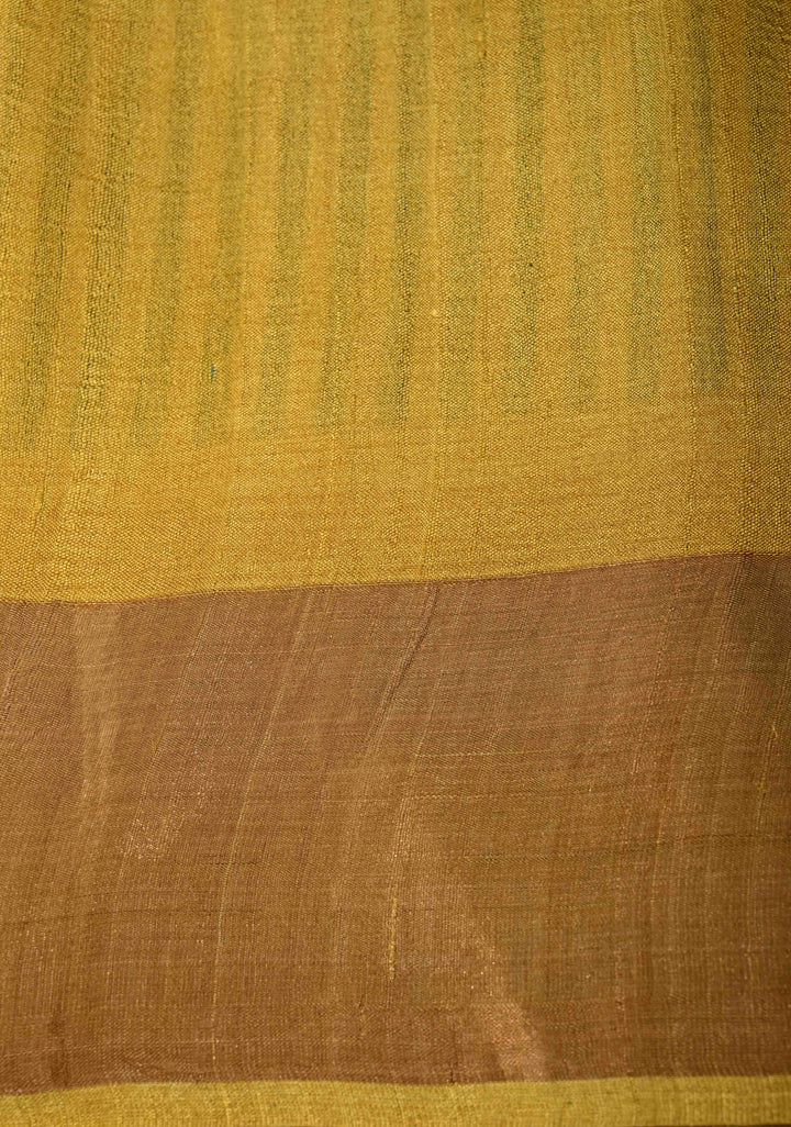 Beige-Blue Jari Tussar Silk Saree with Handblock Stripes and Zari Border | SILK MARK CERTIFIED