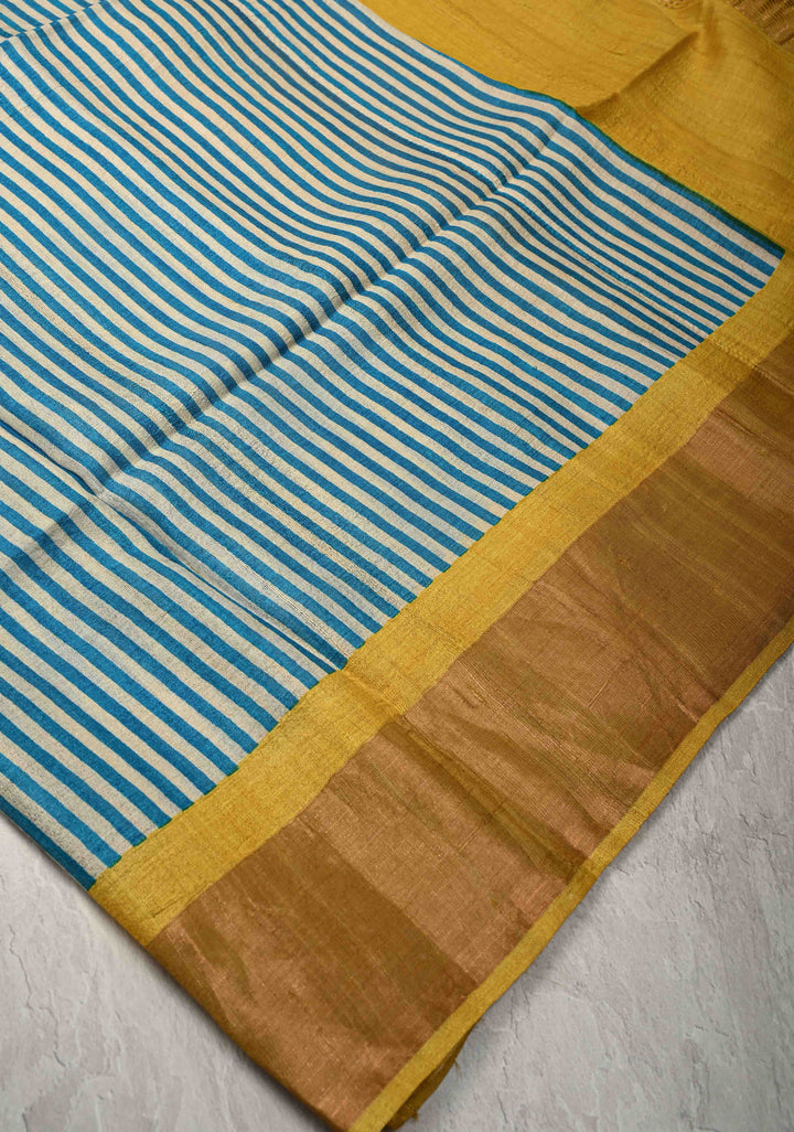 Beige-Blue Jari Tussar Silk Saree with Handblock Stripes and Zari Border | SILK MARK CERTIFIED