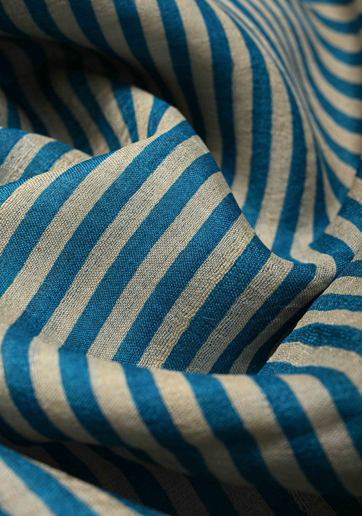 Beige-Blue Jari Tussar Silk Saree with Handblock Stripes and Zari Border | SILK MARK CERTIFIED