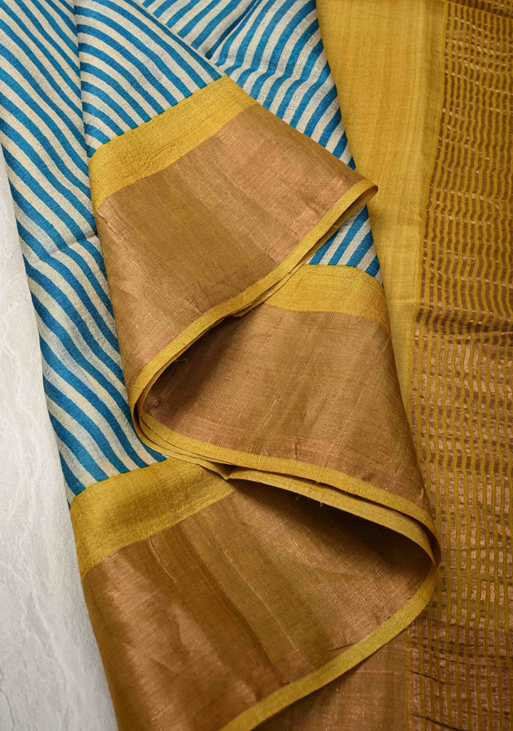 Beige-Blue Jari Tussar Silk Saree with Handblock Stripes and Zari Border | SILK MARK CERTIFIED