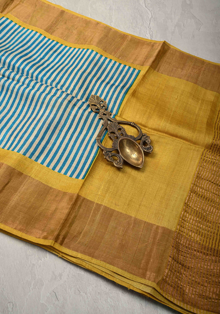 Beige-Blue Jari Tussar Silk Saree with Handblock Stripes and Zari Border | SILK MARK CERTIFIED