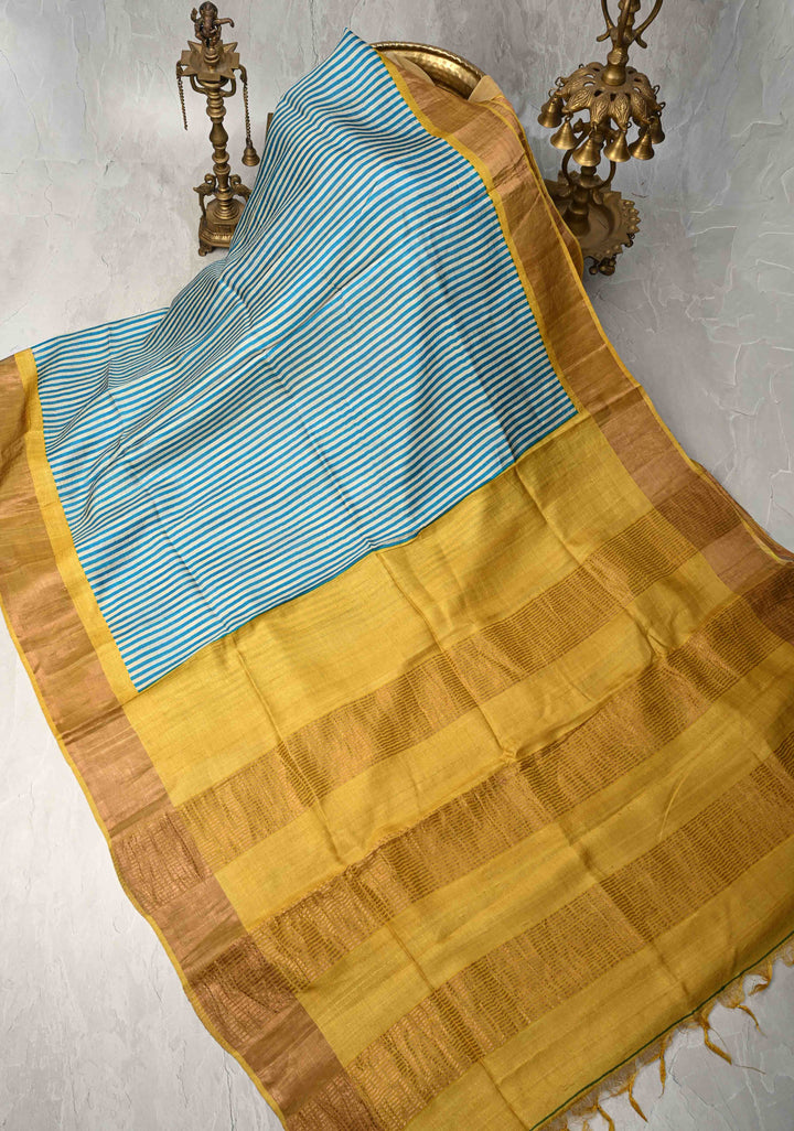 Beige-Blue Jari Tussar Silk Saree with Handblock Stripes and Zari Border | SILK MARK CERTIFIED