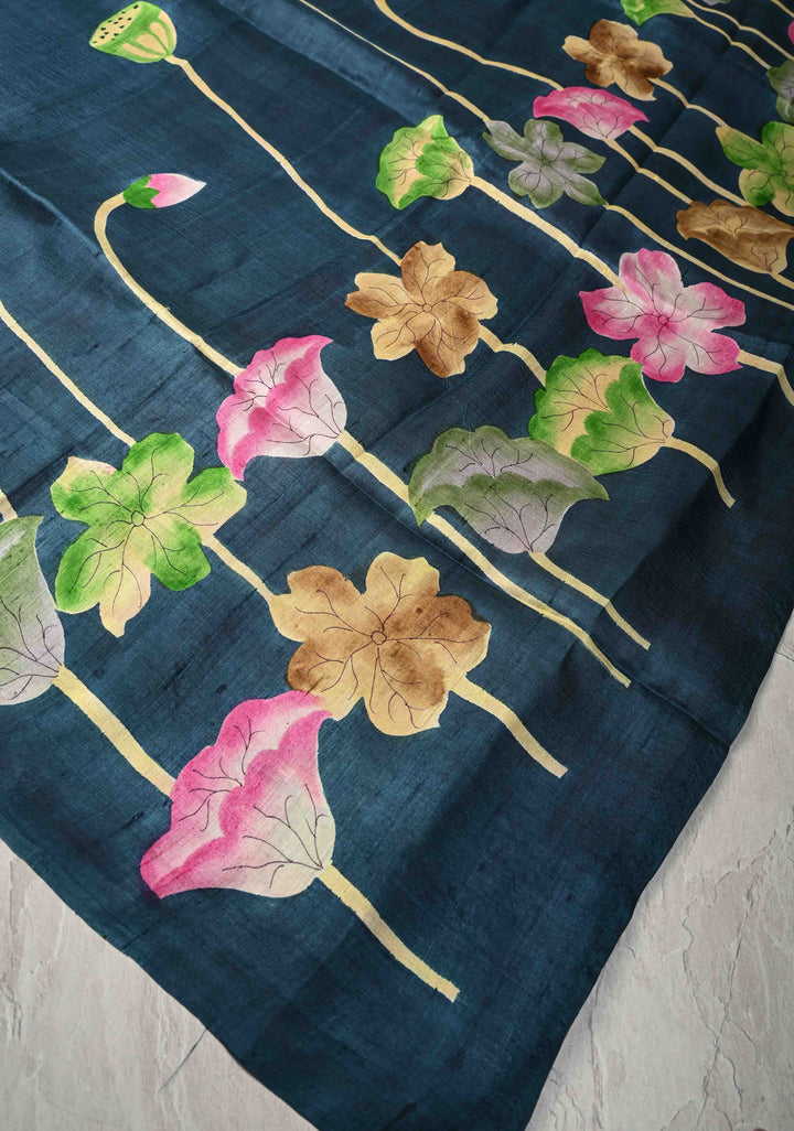 Prussian Blue Pure Handloom Tussar Silk saree with Kalamkari Pichawai Handpainted | SILK MARK CERTIFIED