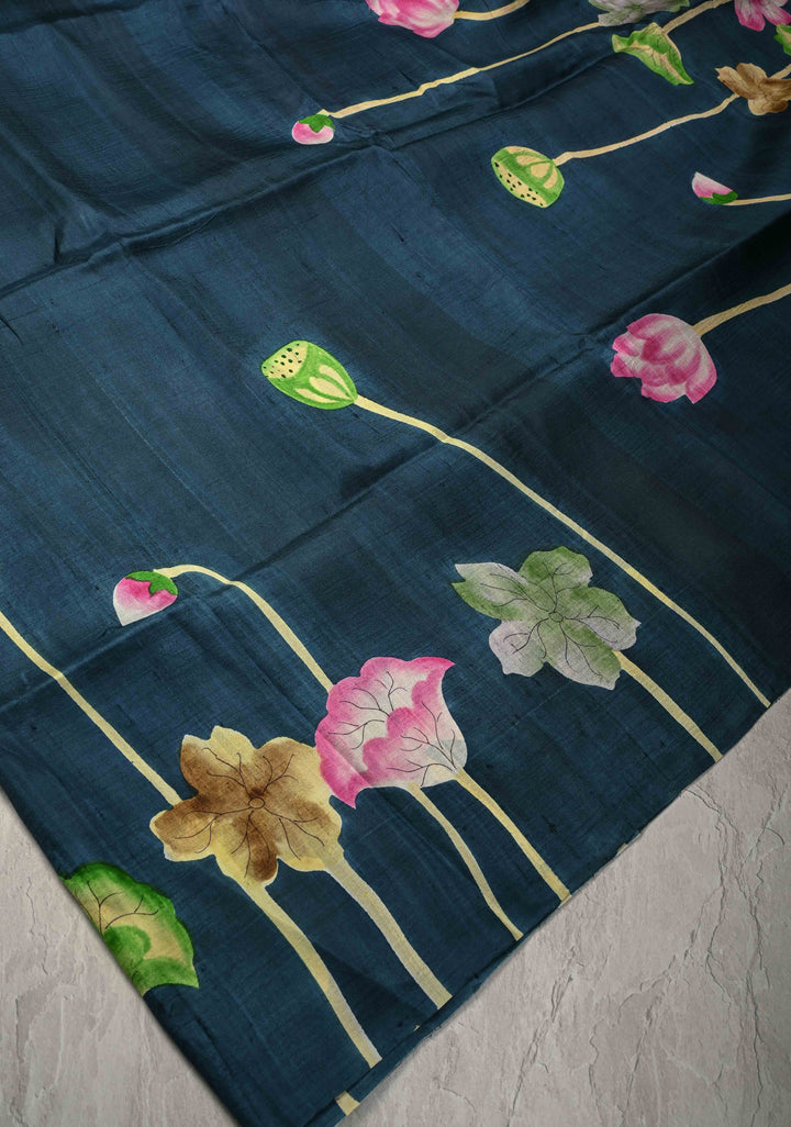 Prussian Blue Pure Handloom Tussar Silk saree with Kalamkari Pichawai Handpainted | SILK MARK CERTIFIED