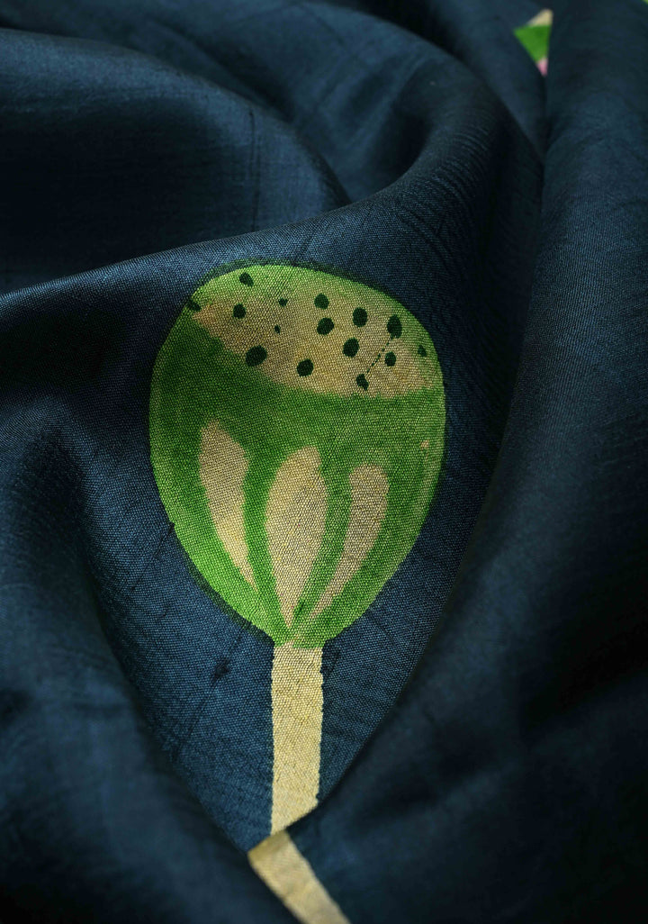 Prussian Blue Pure Handloom Tussar Silk saree with Kalamkari Pichawai Handpainted | SILK MARK CERTIFIED