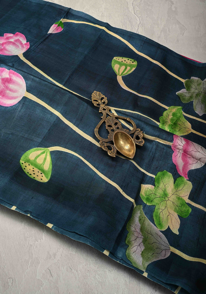 Prussian Blue Pure Handloom Tussar Silk saree with Kalamkari Pichawai Handpainted | SILK MARK CERTIFIED