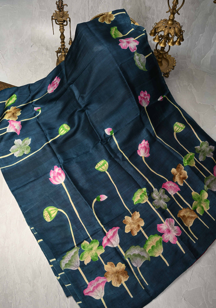 Prussian Blue Pure Handloom Tussar Silk saree with Kalamkari Pichawai Handpainted | SILK MARK CERTIFIED