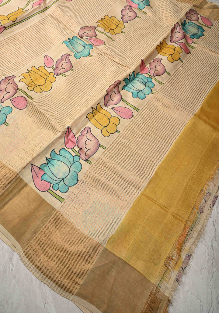 Beige Jari Tussar Saree with Kalamkari Hand Painted and Zari Border | SILK MARK CERTIFIED