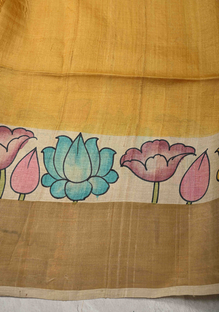 Beige Jari Tussar Saree with Kalamkari Hand Painted and Zari Border | SILK MARK CERTIFIED