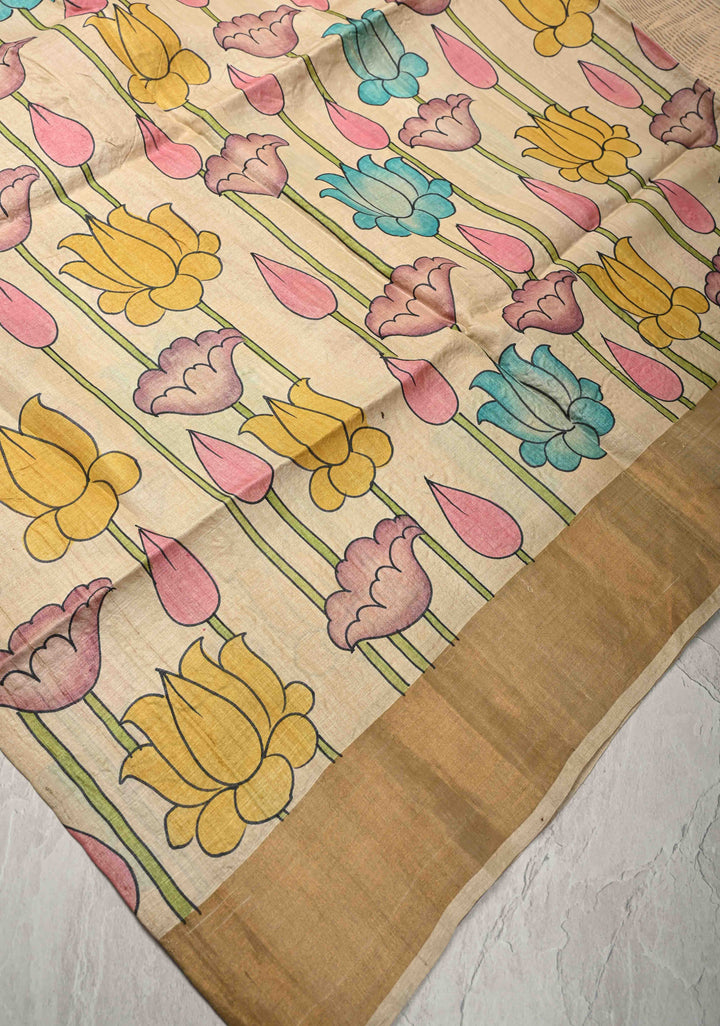 Beige Jari Tussar Saree with Kalamkari Hand Painted and Zari Border | SILK MARK CERTIFIED