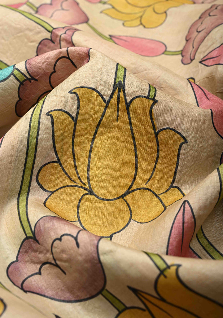 Beige Jari Tussar Saree with Kalamkari Hand Painted and Zari Border | SILK MARK CERTIFIED