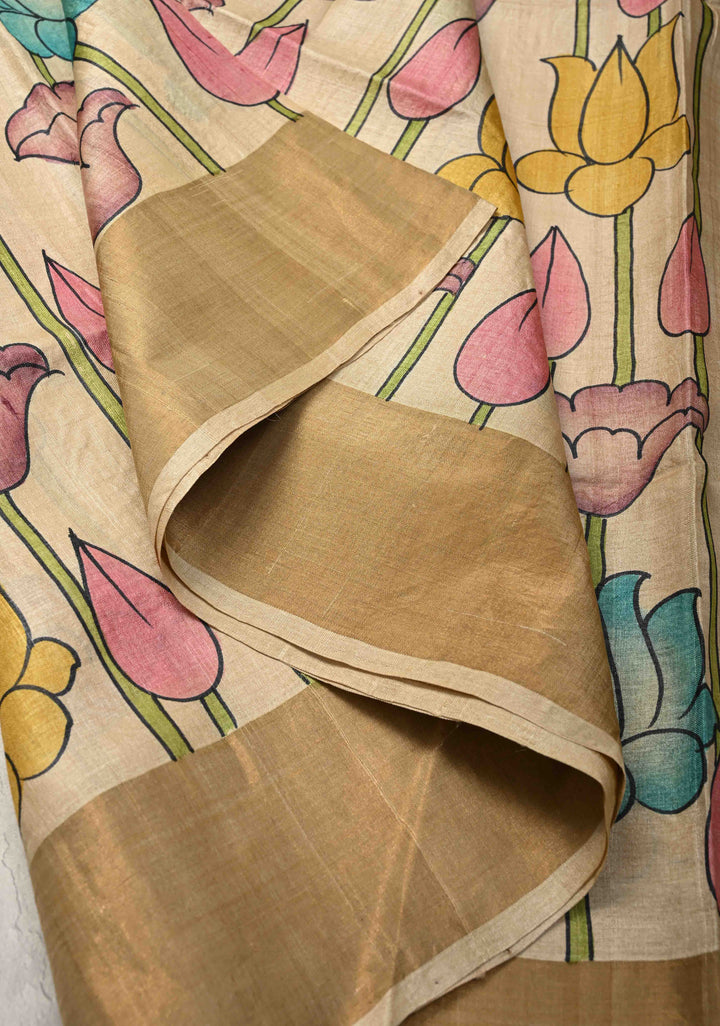 Beige Jari Tussar Saree with Kalamkari Hand Painted and Zari Border | SILK MARK CERTIFIED