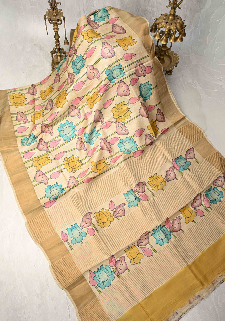 Beige Jari Tussar Saree with Kalamkari Hand Painted and Zari Border | SILK MARK CERTIFIED