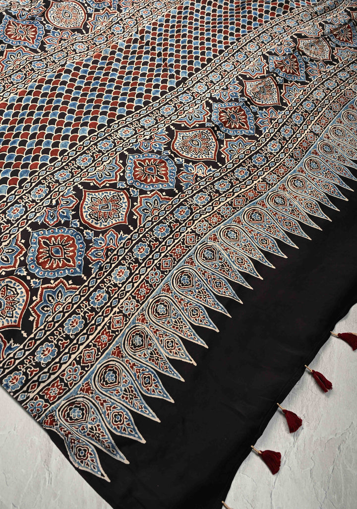 Black Hand Block Print on Modal Silk Saree with Ajrakh Pallu