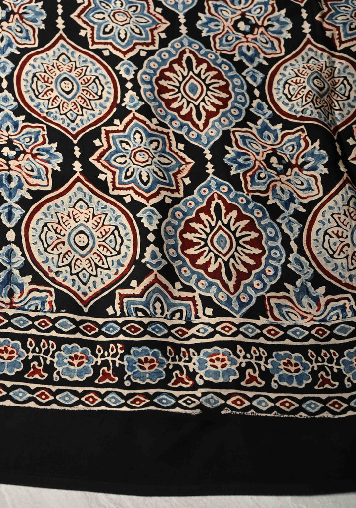 Black Hand Block Print on Modal Silk Saree with Ajrakh Pallu