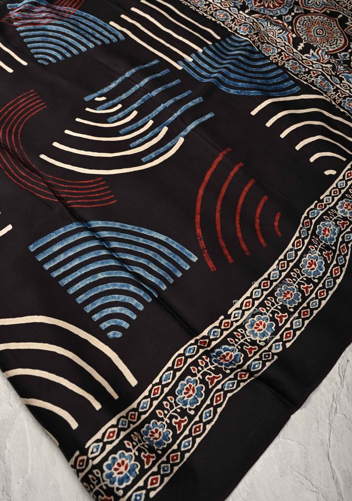 Black Hand Block Print on Modal Silk Saree with Ajrakh Pallu