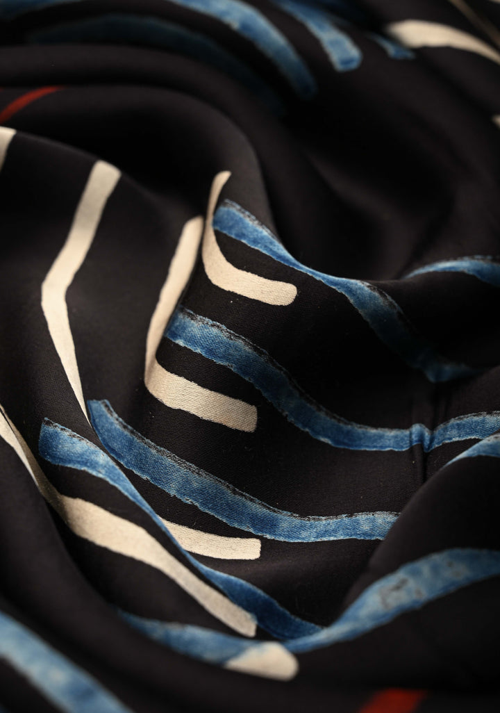 Black Hand Block Print on Modal Silk Saree with Ajrakh Pallu