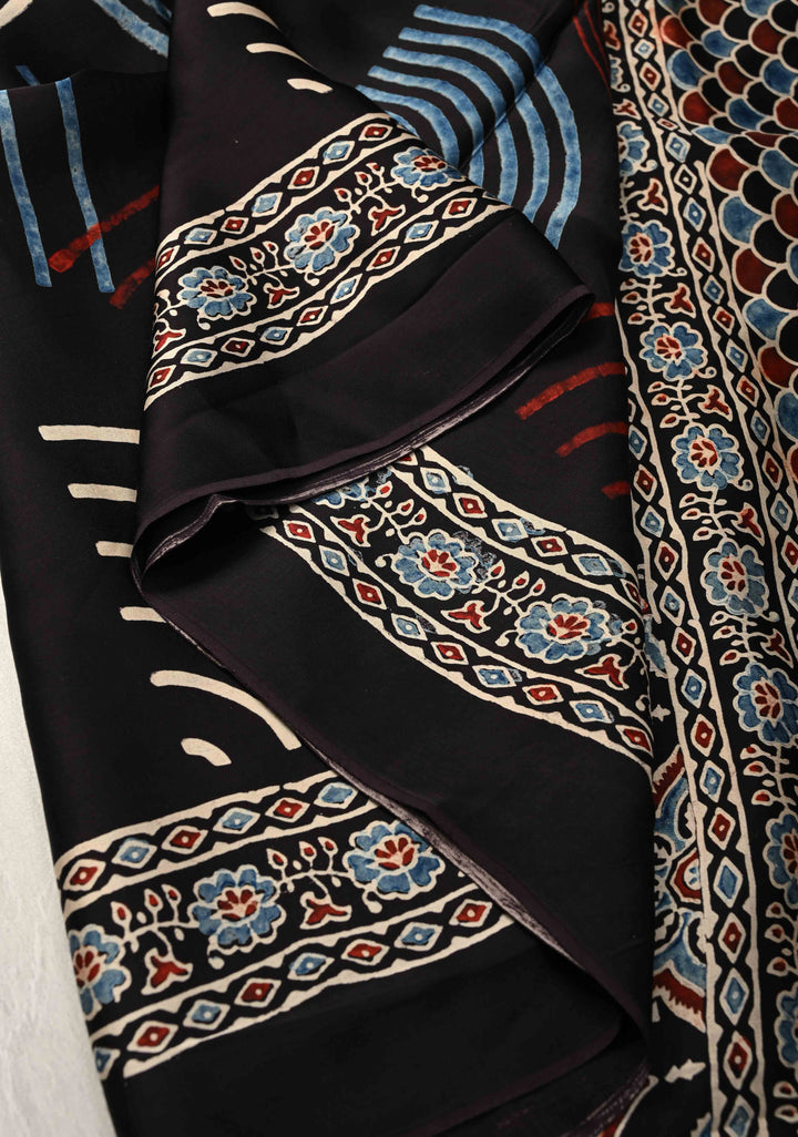Black Hand Block Print on Modal Silk Saree with Ajrakh Pallu