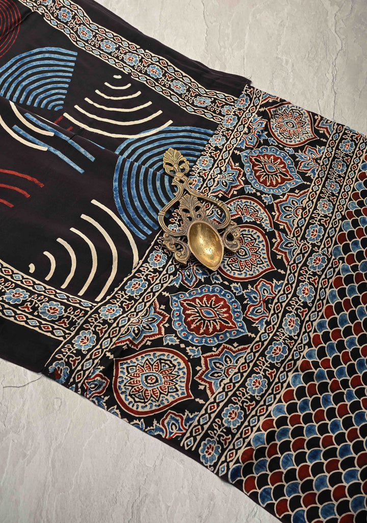 Black Hand Block Print on Modal Silk Saree with Ajrakh Pallu