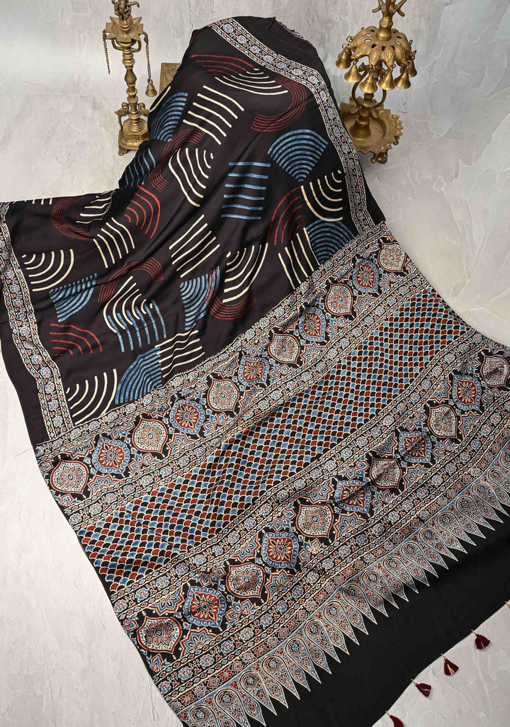 Black Hand Block Print on Modal Silk Saree with Ajrakh Pallu