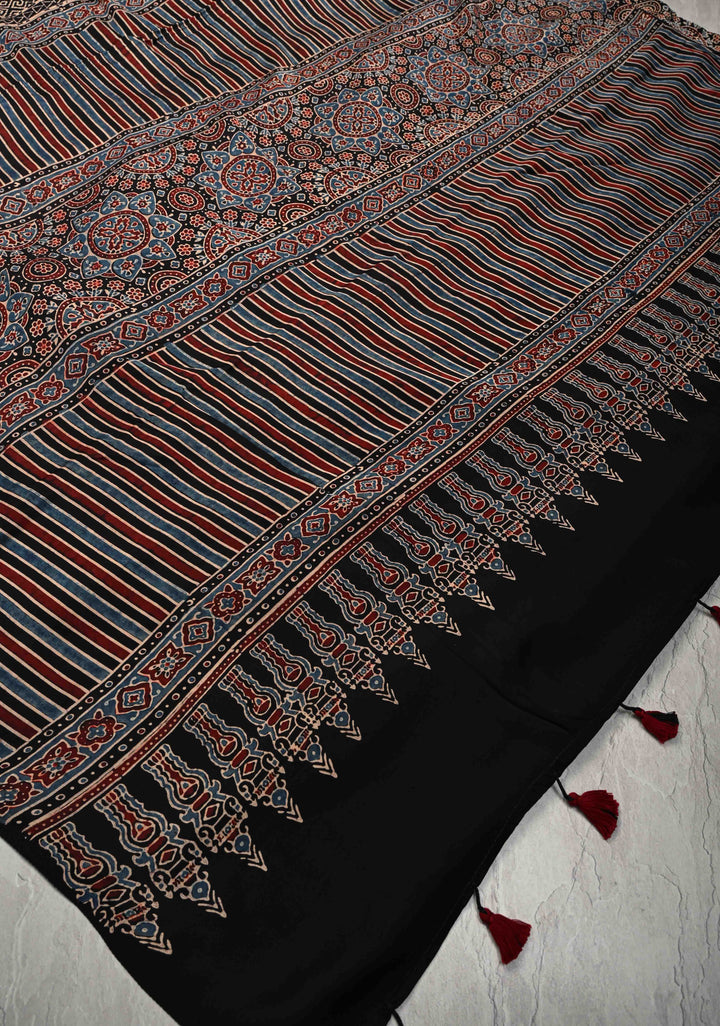 Multicolor Ajrakh Hand Block Print on Modal Silk Saree with Panel Design