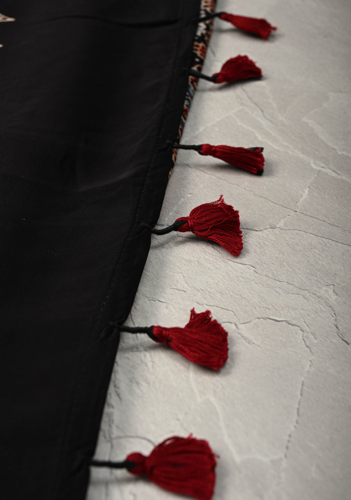 Multicolor Ajrakh Hand Block Print on Modal Silk Saree with Panel Design