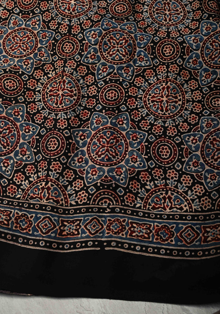 Multicolor Ajrakh Hand Block Print on Modal Silk Saree with Panel Design