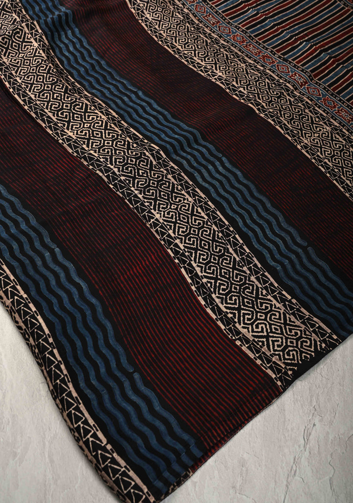 Multicolor Ajrakh Hand Block Print on Modal Silk Saree with Panel Design