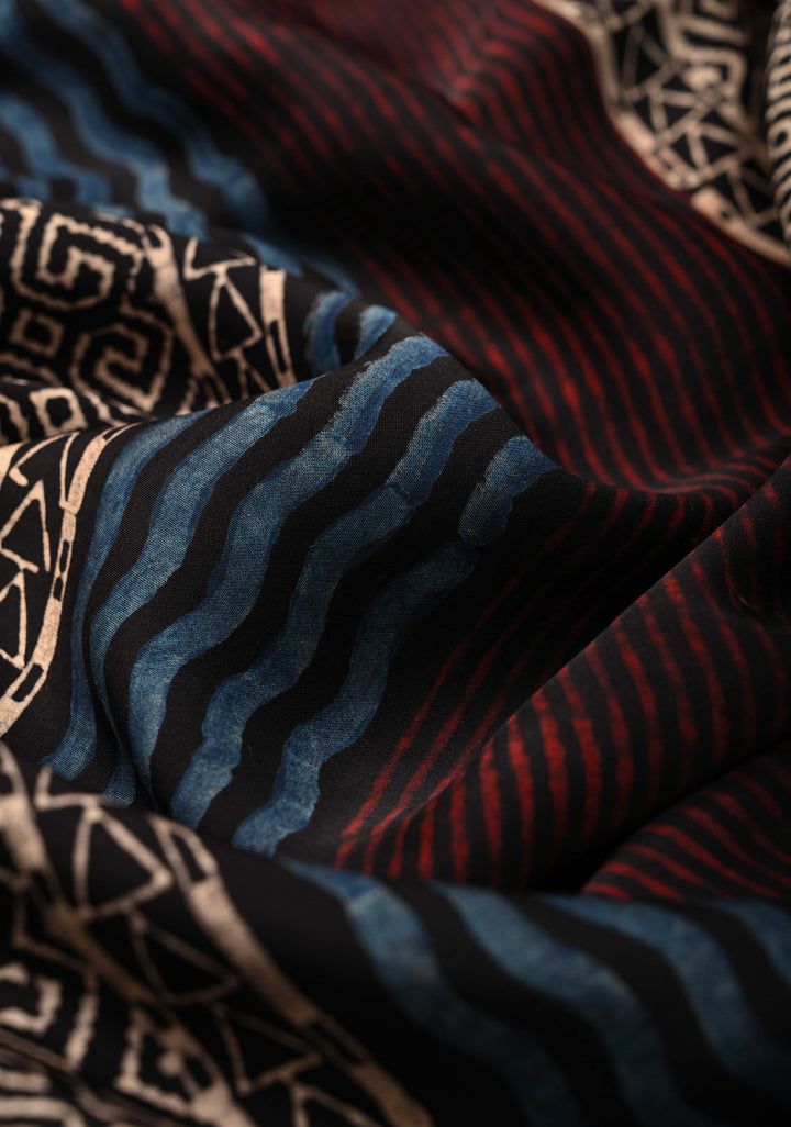 Multicolor Ajrakh Hand Block Print on Modal Silk Saree with Panel Design