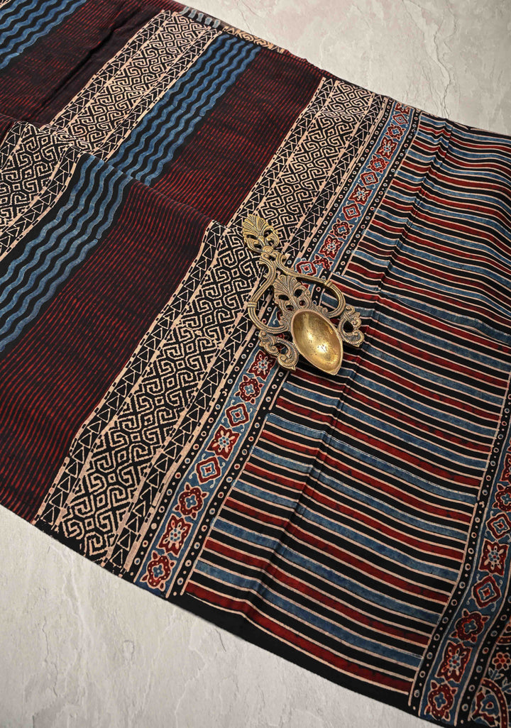 Multicolor Ajrakh Hand Block Print on Modal Silk Saree with Panel Design