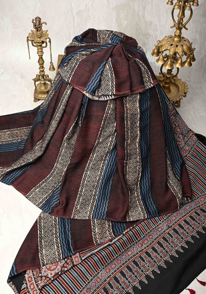 Multicolor Ajrakh Hand Block Print on Modal Silk Saree with Panel Design