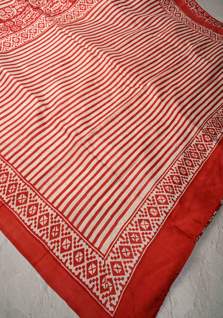 Off White Pure Handloom Tussar Silk Saree with Handblock Print on Border and Pallu  | SILK MARK CERTIFIED