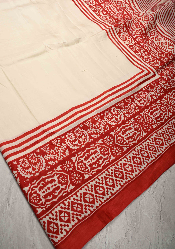 Off White Pure Handloom Tussar Silk Saree with Handblock Print on Border and Pallu  | SILK MARK CERTIFIED
