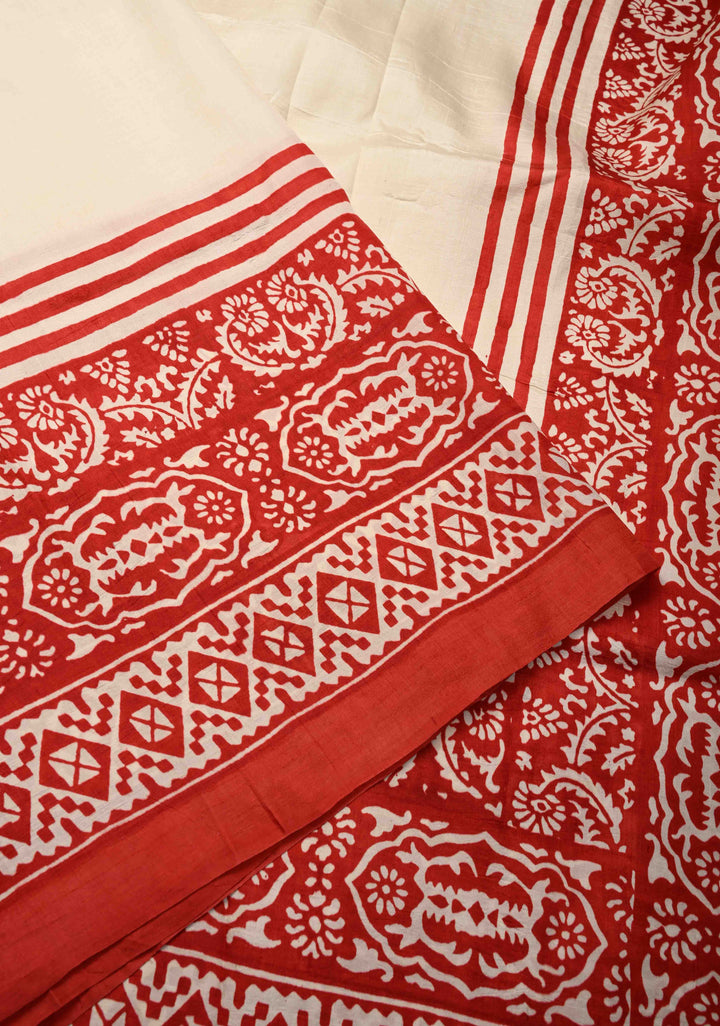 Off White Pure Handloom Tussar Silk Saree with Handblock Print on Border and Pallu  | SILK MARK CERTIFIED