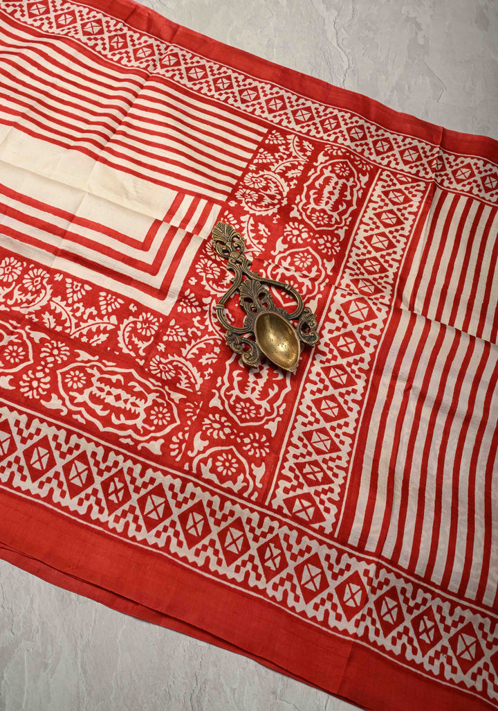 Off White Pure Handloom Tussar Silk Saree with Handblock Print on Border and Pallu  | SILK MARK CERTIFIED