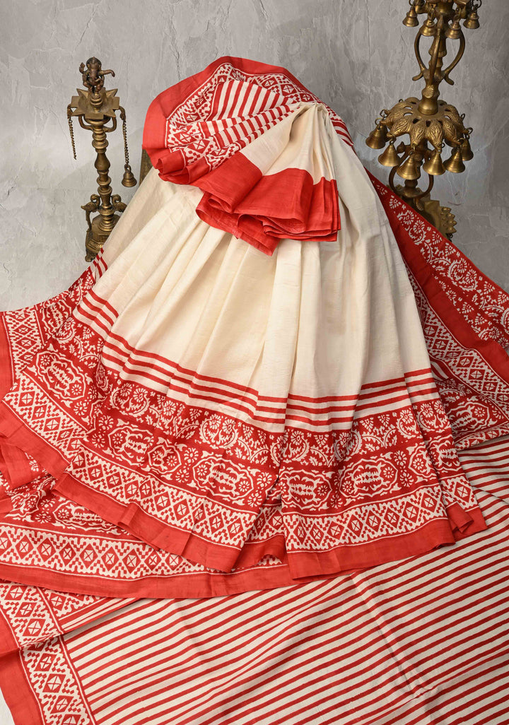 Off White Pure Handloom Tussar Silk Saree with Handblock Print on Border and Pallu  | SILK MARK CERTIFIED