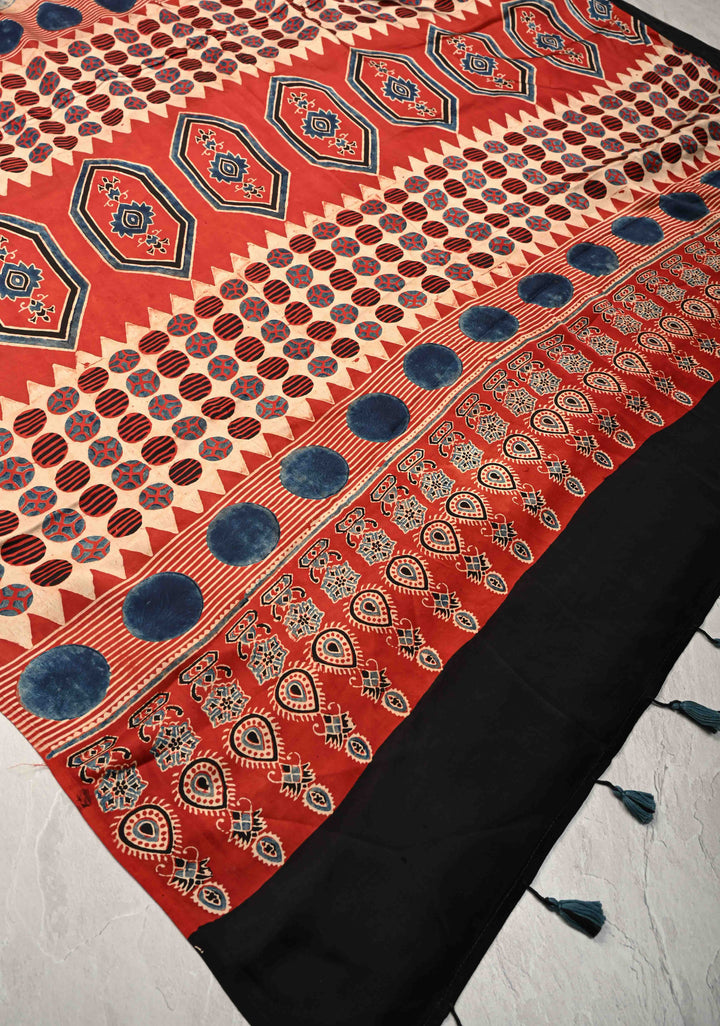 Polka Charm Hand Block Print on Modal Silk Saree with Ajrakh Pallu