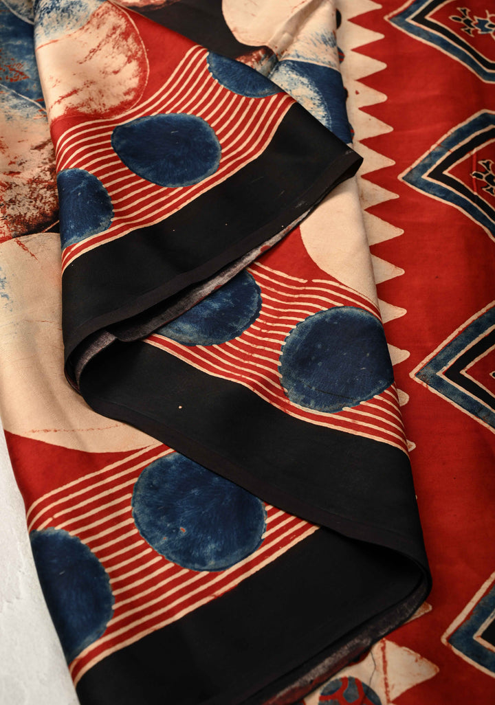 Polka Charm Hand Block Print on Modal Silk Saree with Ajrakh Pallu