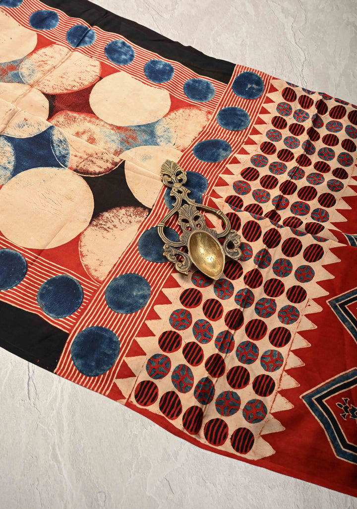 Polka Charm Hand Block Print on Modal Silk Saree with Ajrakh Pallu