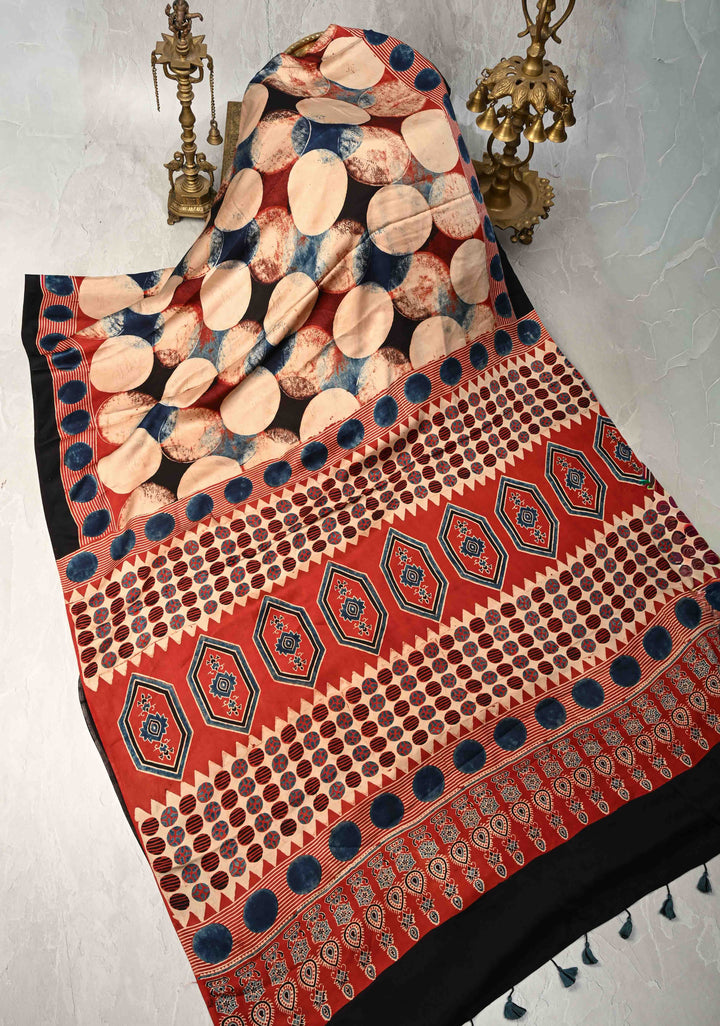 Polka Charm Hand Block Print on Modal Silk Saree with Ajrakh Pallu