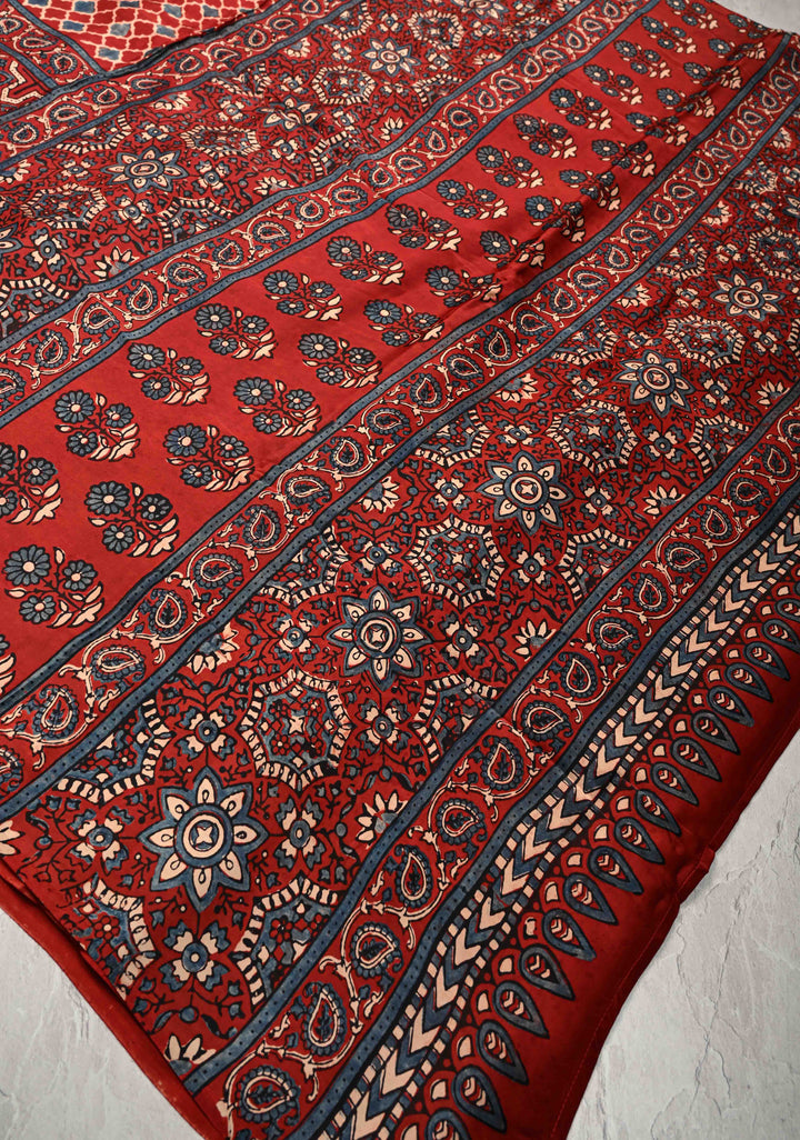 Brick Red Ajrakh Hand Block Print on Modal Silk Saree with Half and Half Design