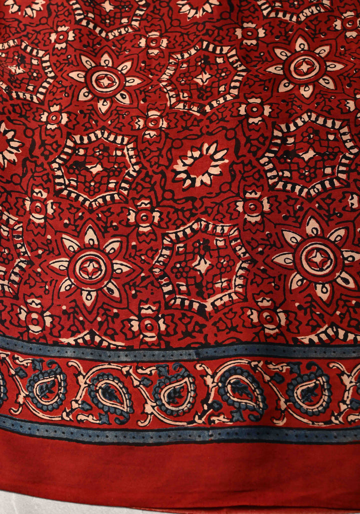 Brick Red Ajrakh Hand Block Print on Modal Silk Saree with Half and Half Design