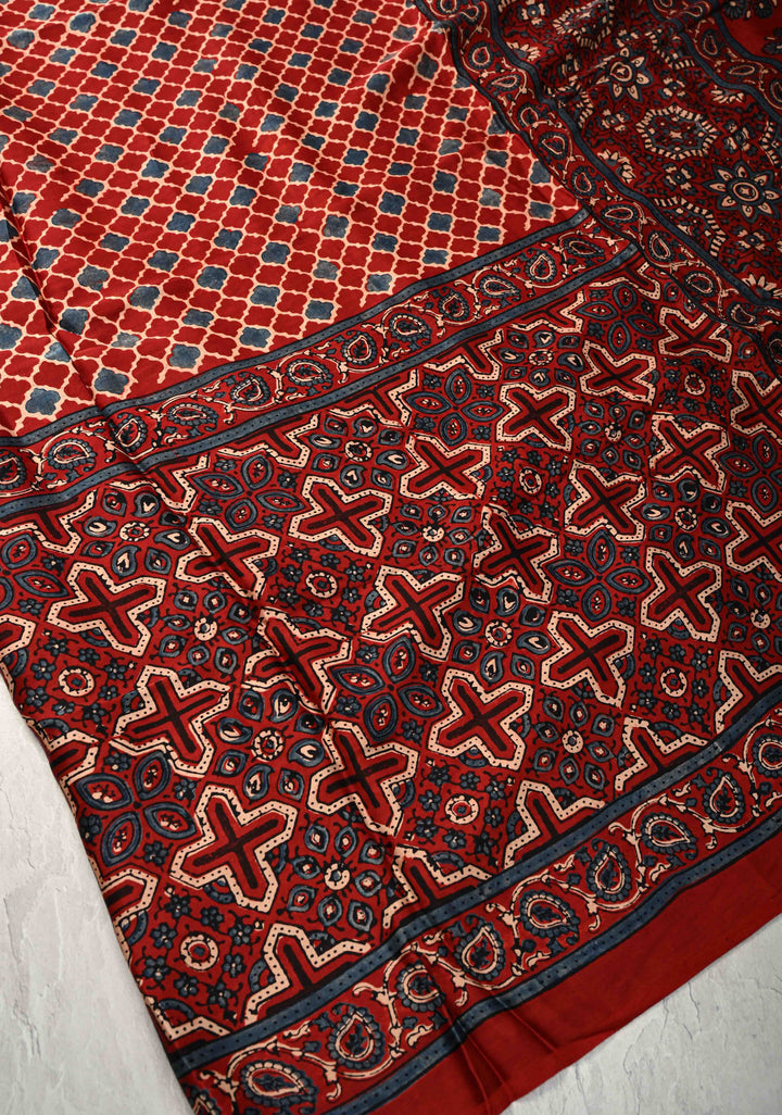 Brick Red Ajrakh Hand Block Print on Modal Silk Saree with Half and Half Design