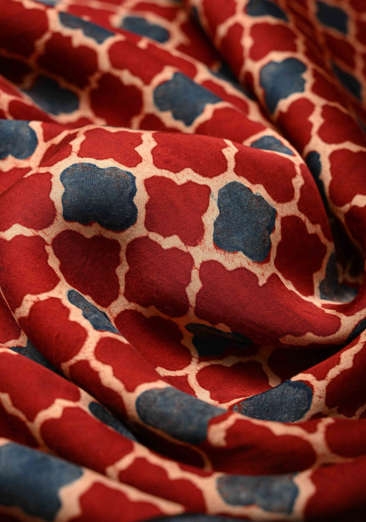 Brick Red Ajrakh Hand Block Print on Modal Silk Saree with Half and Half Design