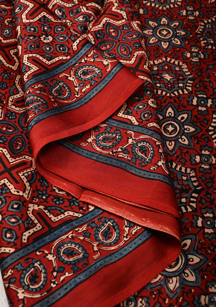 Brick Red Ajrakh Hand Block Print on Modal Silk Saree with Half and Half Design