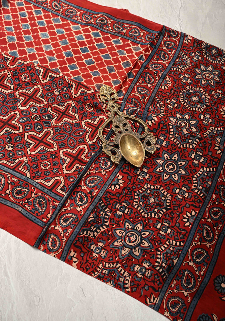 Brick Red Ajrakh Hand Block Print on Modal Silk Saree with Half and Half Design