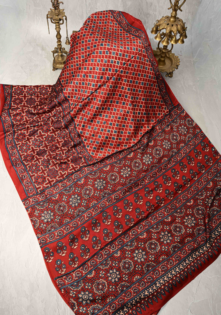 Brick Red Ajrakh Hand Block Print on Modal Silk Saree with Half and Half Design