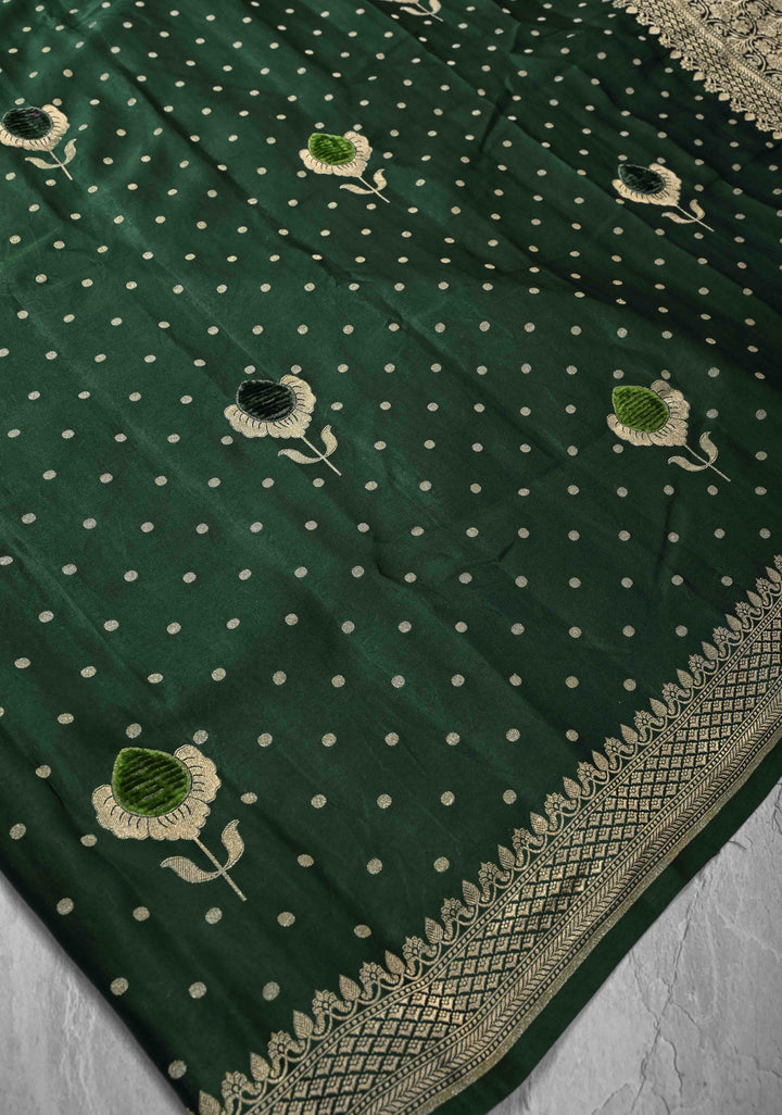Bottle Green Meenakari Velvet Weaving Pure Banarasi Mashru Silk Saree with Floral Zari buttas and Zari Border |  SILK MARK CERTIFIED